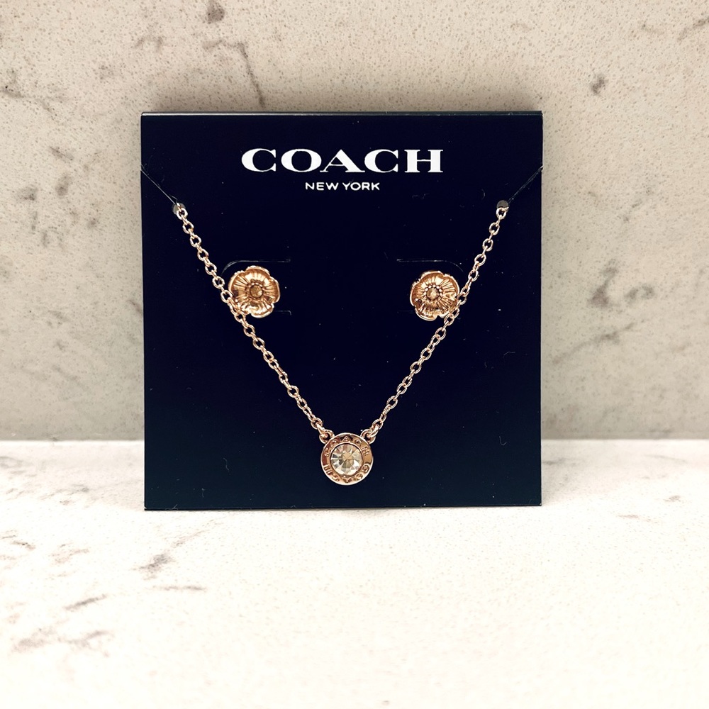 COACH - Open Circle Necklace + Tea Rose Studs in Rose Gold / Jewelry Set